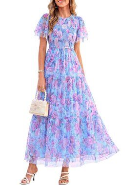 Floral Tulle Maxi Dress for Women | Boho Wedding Guest Outfit | Long & Flowy